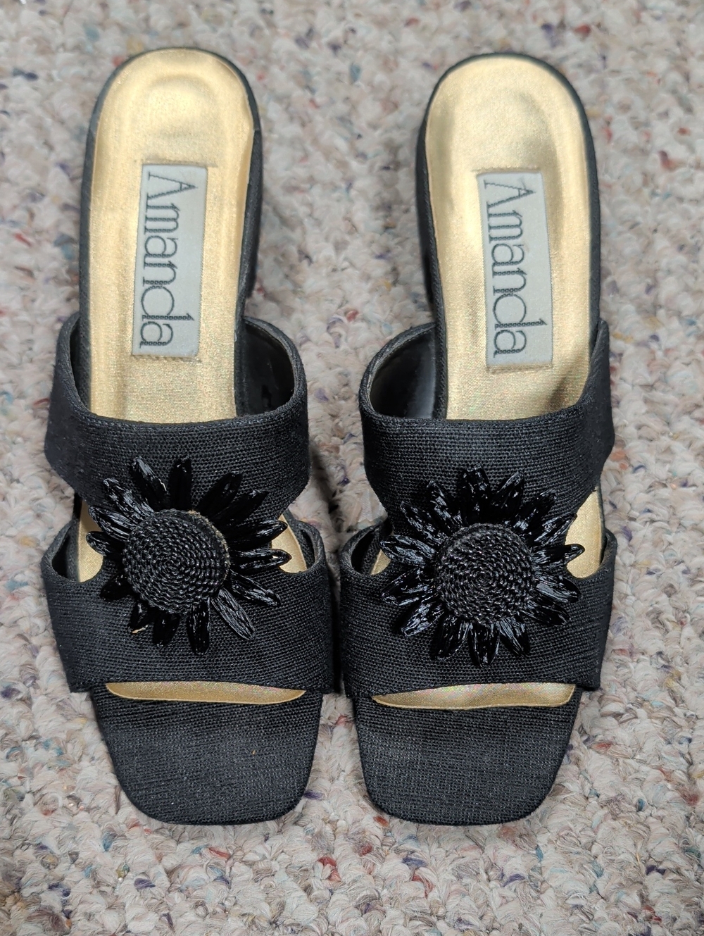 Amanda Zircon Black Floral Slide Block Heel Sandals